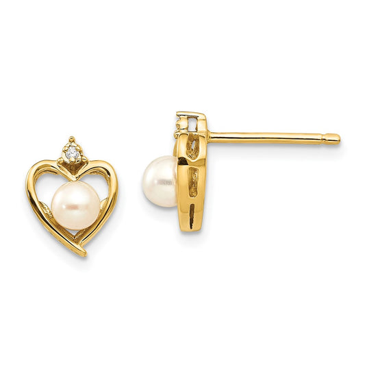 14K Yellow Gold FWC Pearl and Diamond Heart Earrings