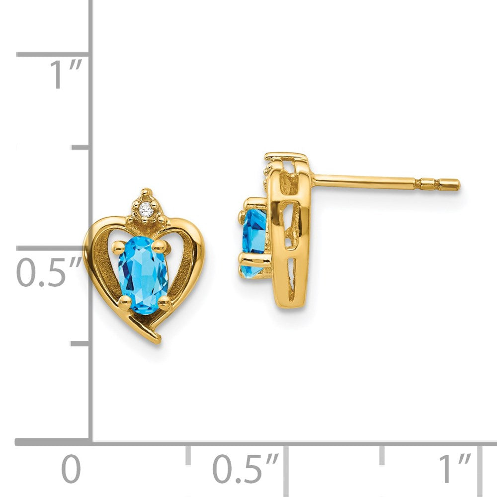 14K Yellow Gold Blue Topaz and Diamond Heart Earrings