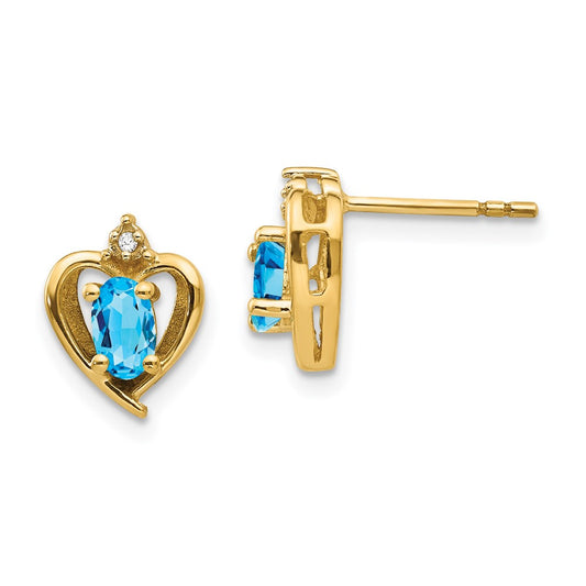 14K Yellow Gold Blue Topaz and Diamond Heart Earrings