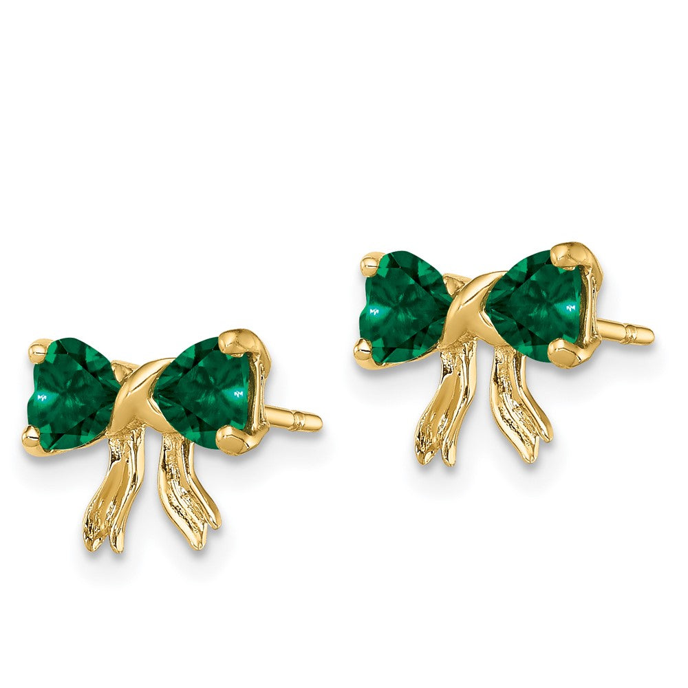 14K Yellow Gold Polished Created Emerald Bow Post Earrings