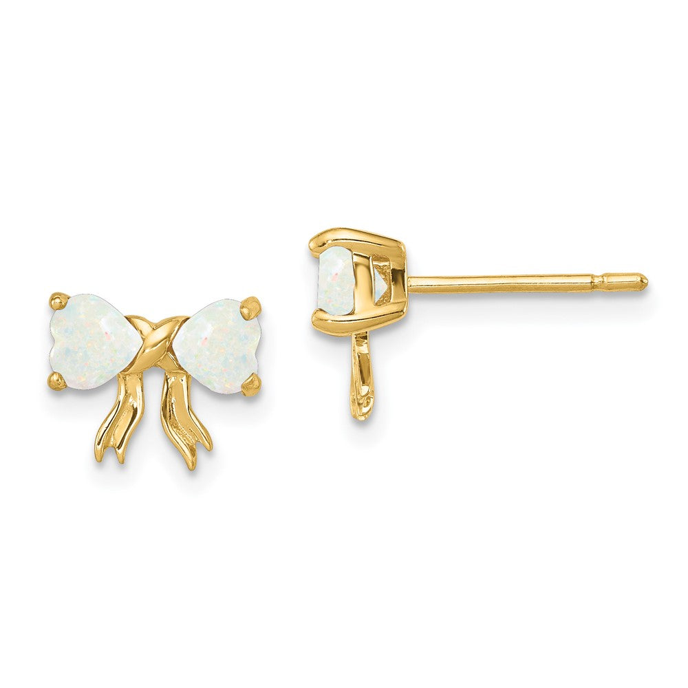 14K Yellow Gold Polished Created Opal Bow Post Earrings