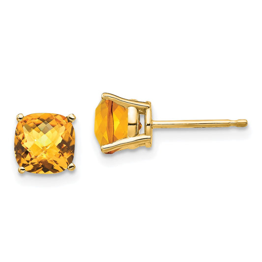 14K Yellow Gold 6x6mm Cushion Citrine Checker Stud Earrings