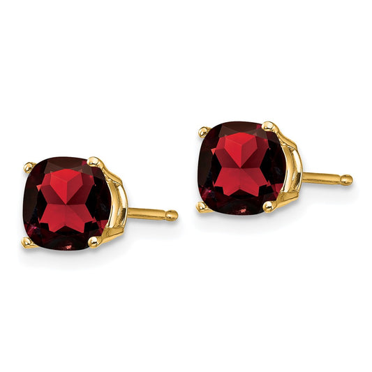 14K Yellow Gold 6x6mm Cushion Garnet Checker Stud Earrings