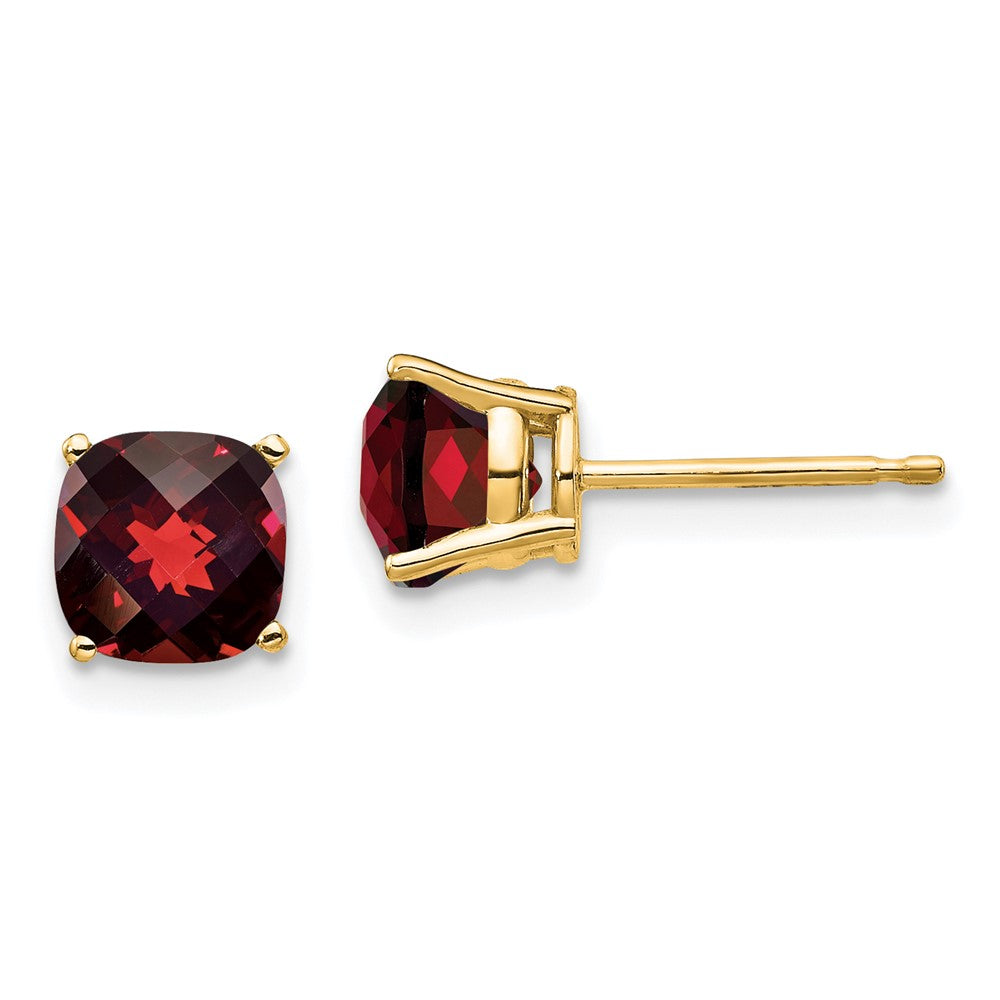 14K Yellow Gold 6x6mm Cushion Garnet Checker Stud Earrings