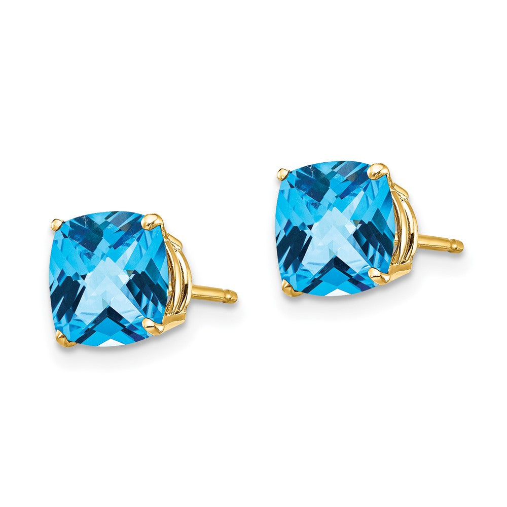 14K Yellow Gold 7x7mm Cushion Blue Topaz Checker Stud Earrings