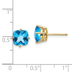 14K Yellow Gold 7x7mm Cushion Blue Topaz Checker Stud Earrings