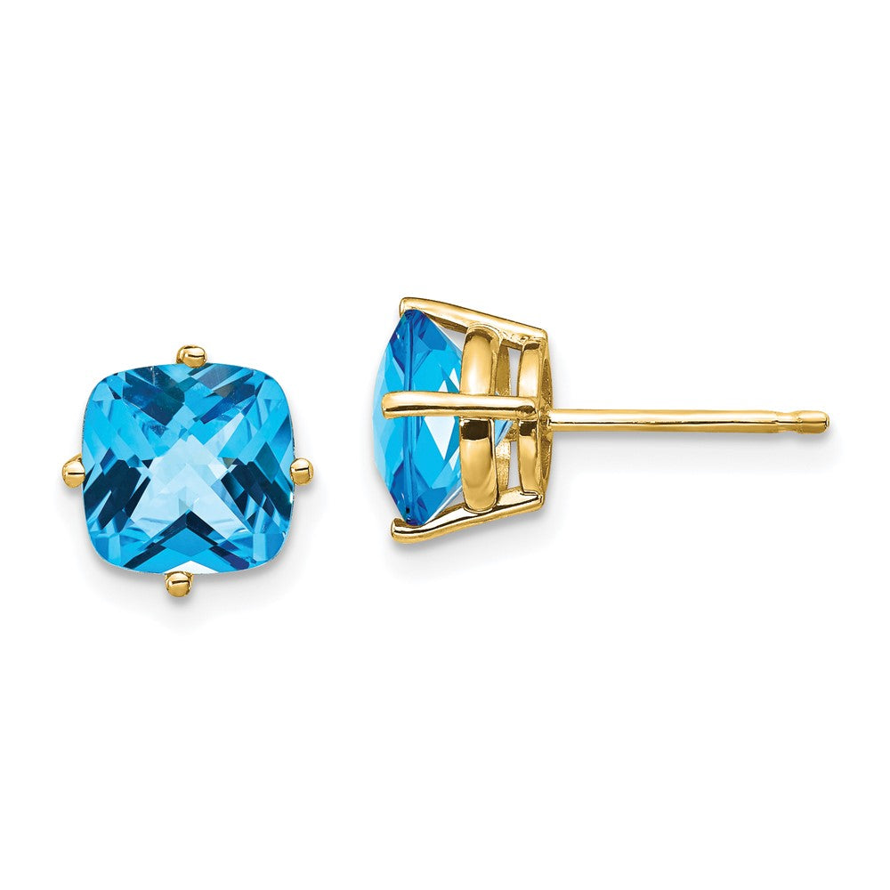 14K Yellow Gold 7x7mm Cushion Blue Topaz Checker Stud Earrings