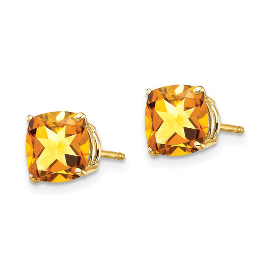 14K Yellow Gold 7x7mm Cushion Citrine Checker Stud Earrings