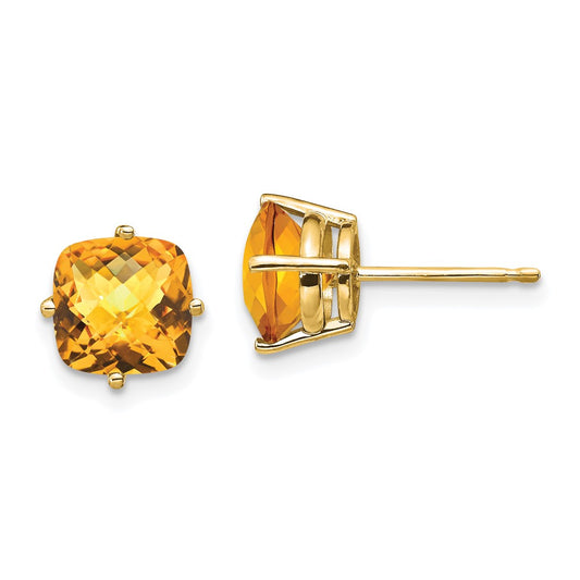 14K Yellow Gold 7x7mm Cushion Citrine Checker Stud Earrings