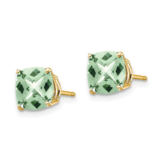 14K Yellow Gold 7mm Cushion Checker-cut Green Quartz Earrings