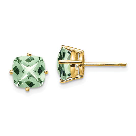 14K Yellow Gold 7mm Cushion Checker-cut Green Quartz Earrings