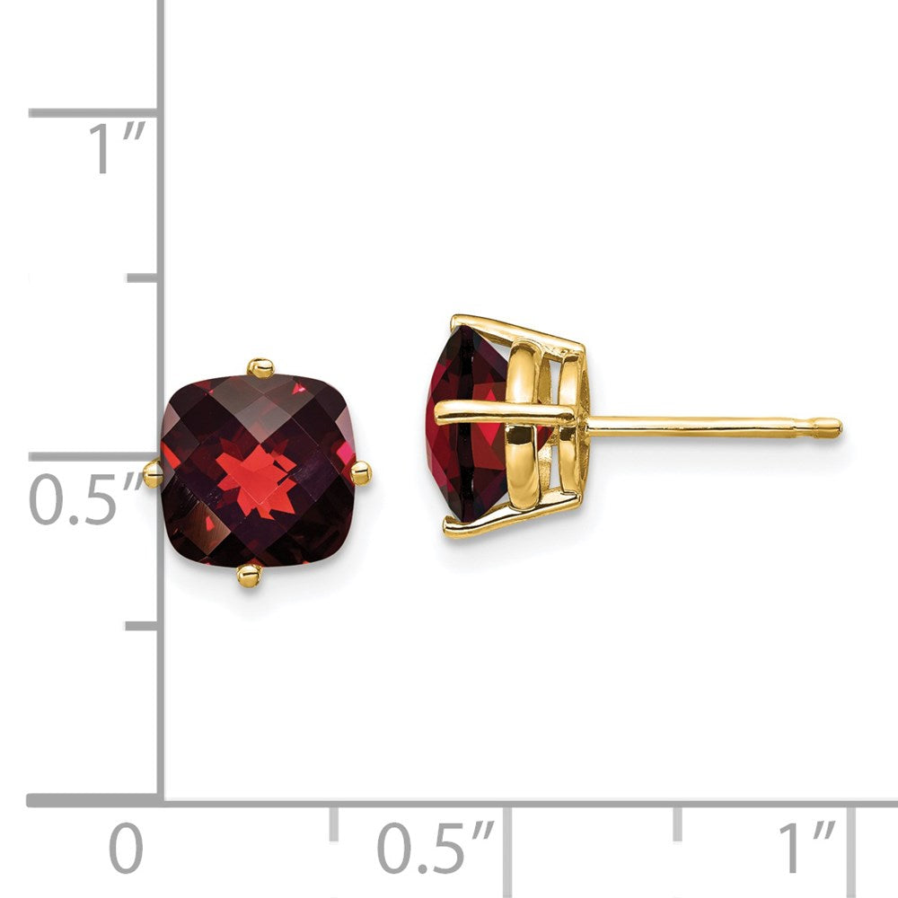 14K Yellow Gold 7x7mm Cushion Garnet Checker Stud Earrings