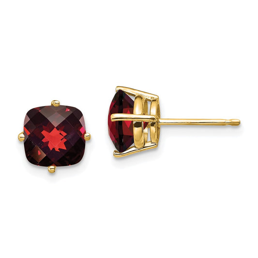 14K Yellow Gold 7x7mm Cushion Garnet Checker Stud Earrings