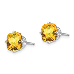 14K White Gold 7x7mm Cushion Citrine Checker Earrings