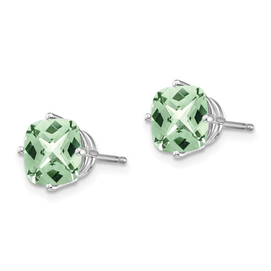 14K White Gold 7mm Cushion Checker-cut Green Quartz Earrings