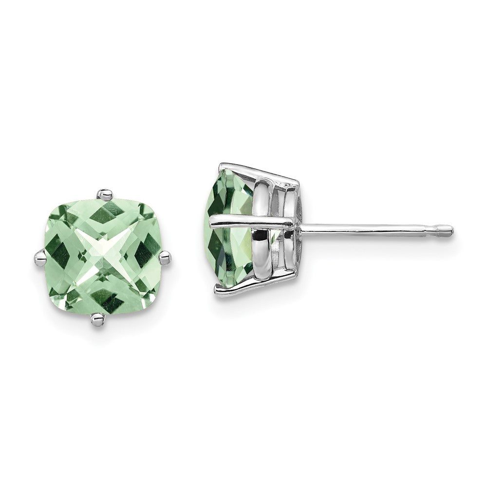 14K White Gold 7mm Cushion Checker-cut Green Quartz Earrings