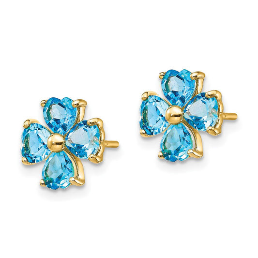 14K Yellow Gold Heart-shaped Swiss Blue Topaz Flower Post Earrings