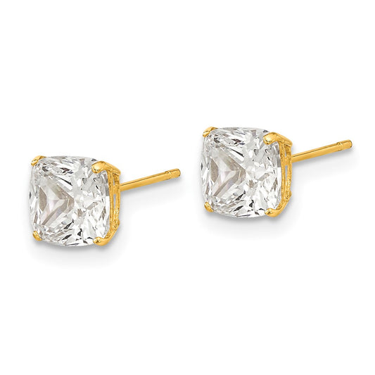 14K Yellow Gold Polished 6x6 Cushion Cut CZ Stud Post Earrings