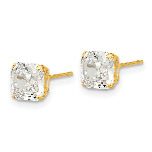 14K Yellow Gold Polished 6x6 Asscher Cut CZ Studs Post Earrings