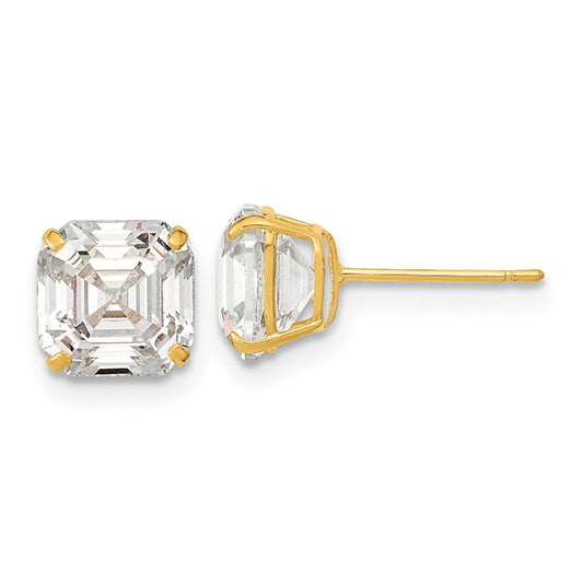 14K Yellow Gold Polished 7x7 Asscher Cut CZ Studs Post Earrings