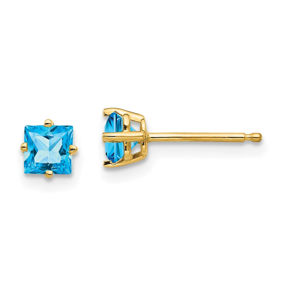 14K Yellow Gold 4mm Princess Cut Blue Topaz Stud Stud Earrings