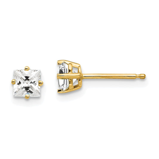 14K Yellow Gold 4mm Princess Cut Cubic Zirconia Stud Earrings