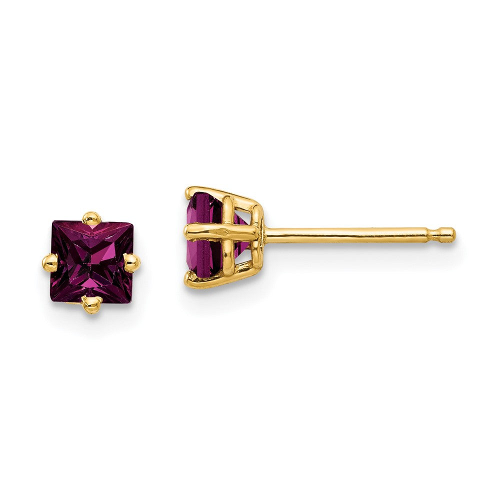 14K Yellow Gold 4mm Princess Cut Rhodolite Garnet Stud Earrings