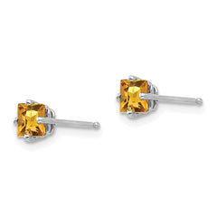 14K White Gold 4mm Princess Cut Citrine Stud Earrings