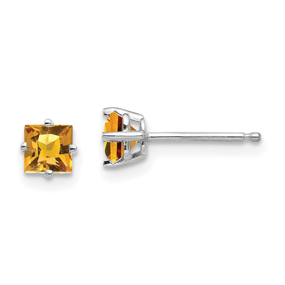 14K White Gold 4mm Princess Cut Citrine Stud Earrings