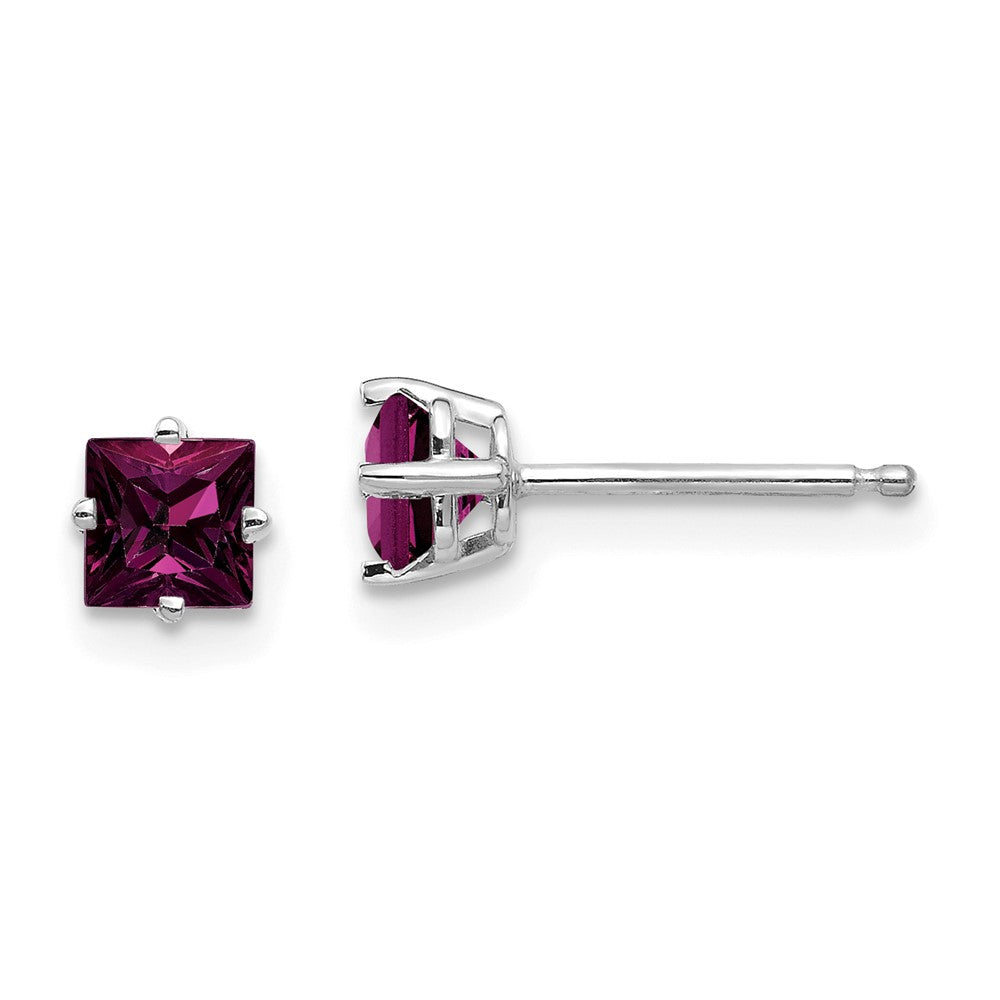 14K White Gold 4mm Princess Cut Rhodolite Garnet Stud Earrings