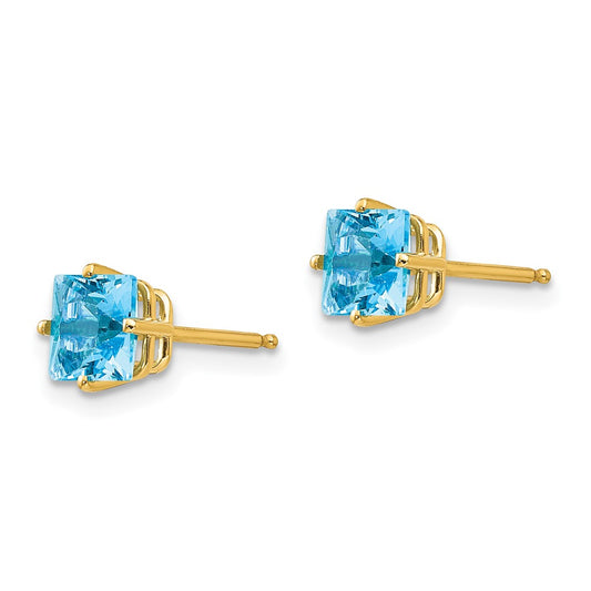14K Yellow Gold 5mm Princess Cut Blue Topaz Stud Earrings