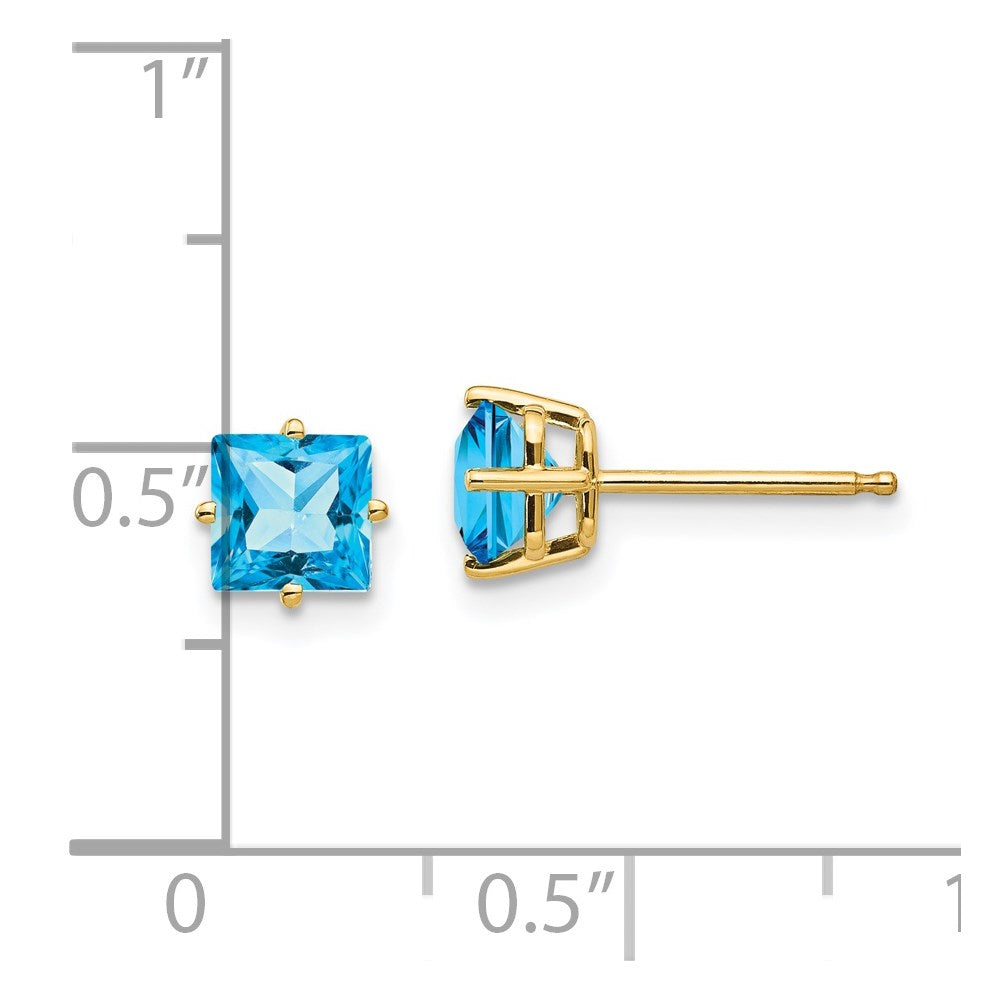 14K Yellow Gold 5mm Princess Cut Blue Topaz Stud Earrings