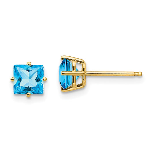 14K Yellow Gold 5mm Princess Cut Blue Topaz Stud Earrings