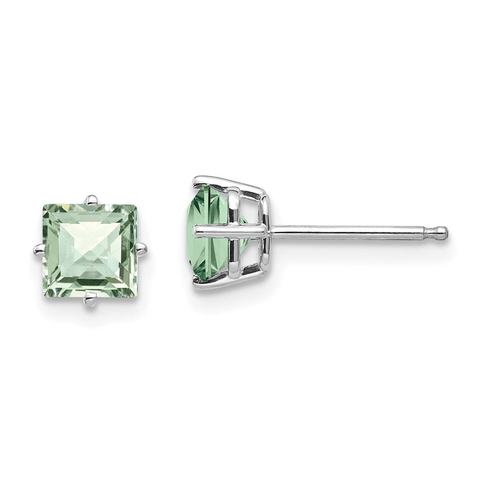 14K White Gold 5mm Square Checker-cut Green Quartz Earrings