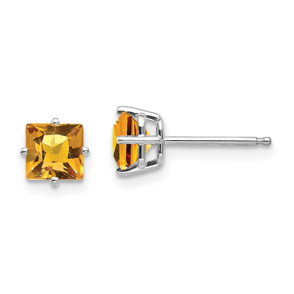 14K White Gold 5mm Princess Cut Citrine Stud Earrings