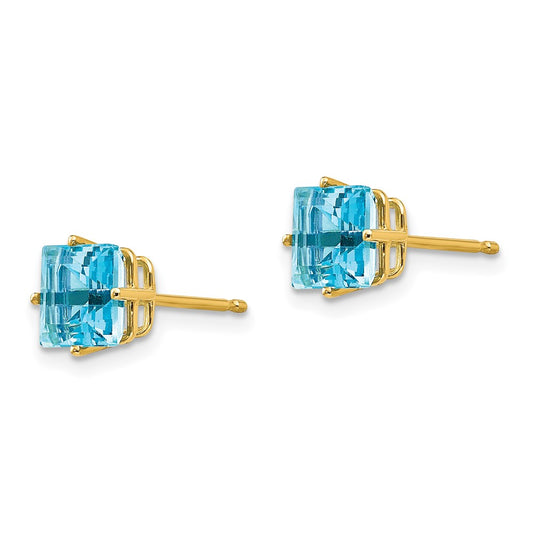 14K Yellow Gold 6mm Princess Cut Blue Topaz Stud Earrings