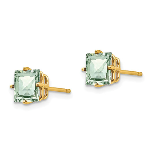 14K Yellow Gold 6mm Square Checker-cut Green Quartz Earrings