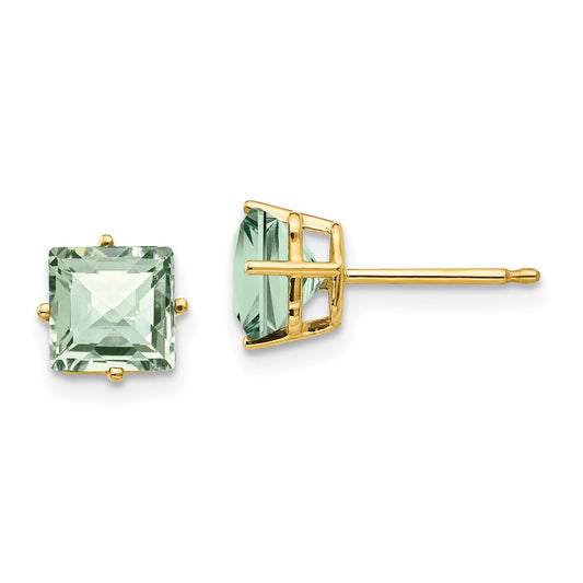 14K Yellow Gold 6mm Square Checker-cut Green Quartz Earrings