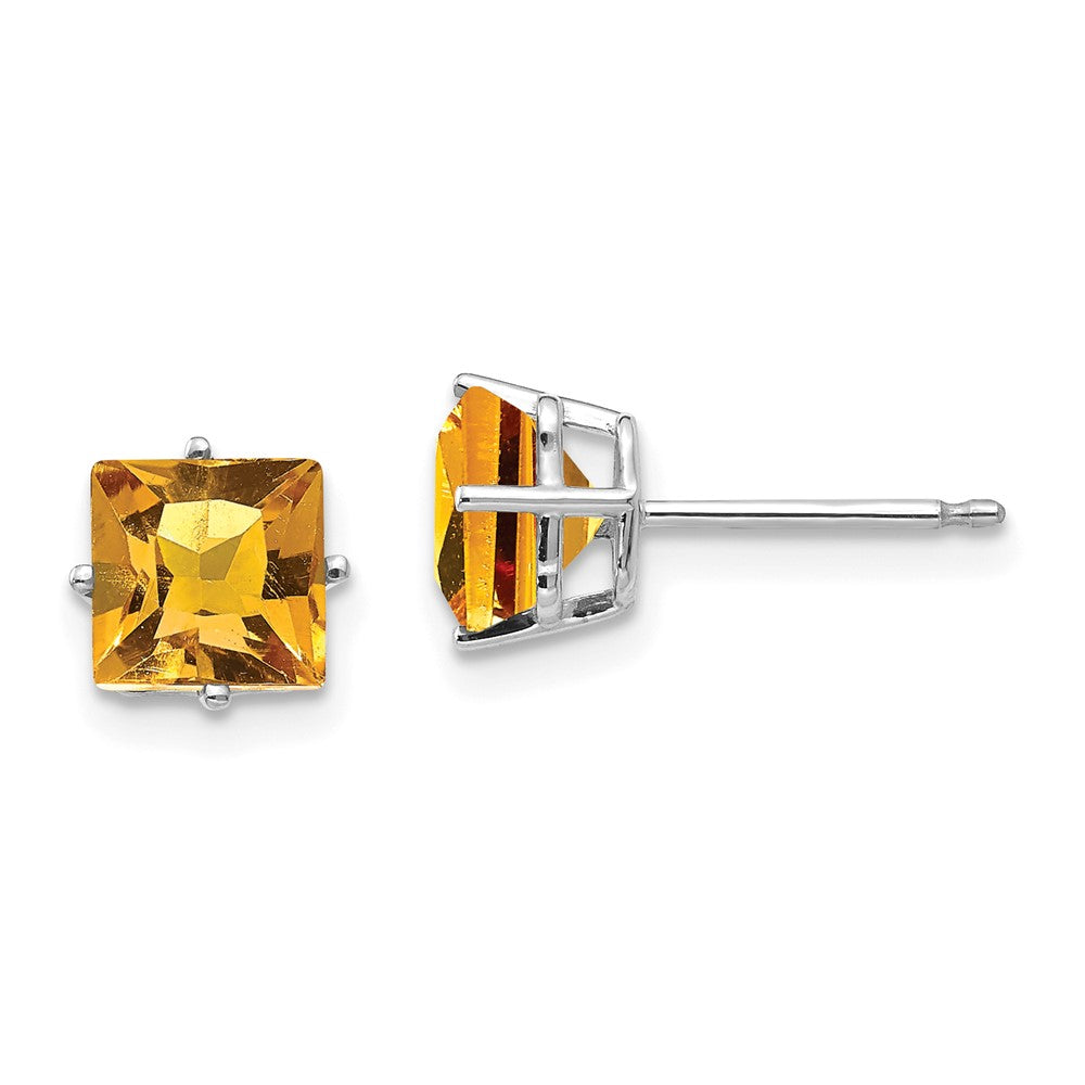 14K White Gold 6mm Princess Cut Citrine Stud Earrings