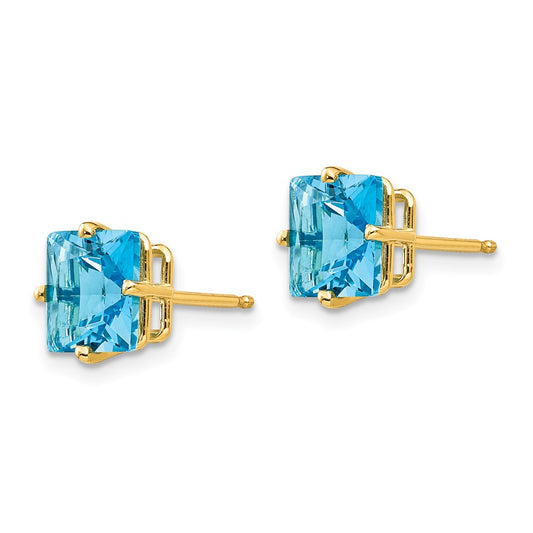 14K Yellow Gold 7mm Princess Cut Blue Topaz Stud Earrings