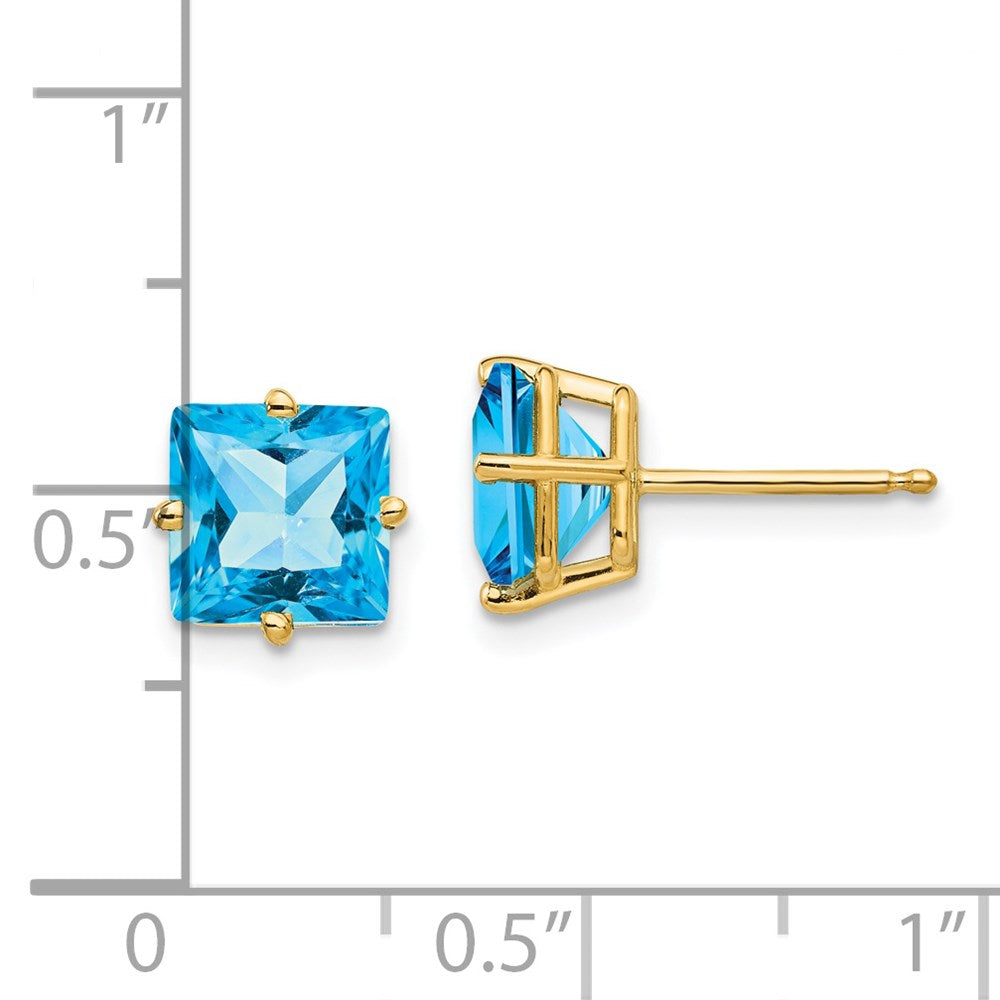 14K Yellow Gold 7mm Princess Cut Blue Topaz Stud Earrings