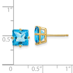 14K Yellow Gold 7mm Princess Cut Blue Topaz Stud Earrings