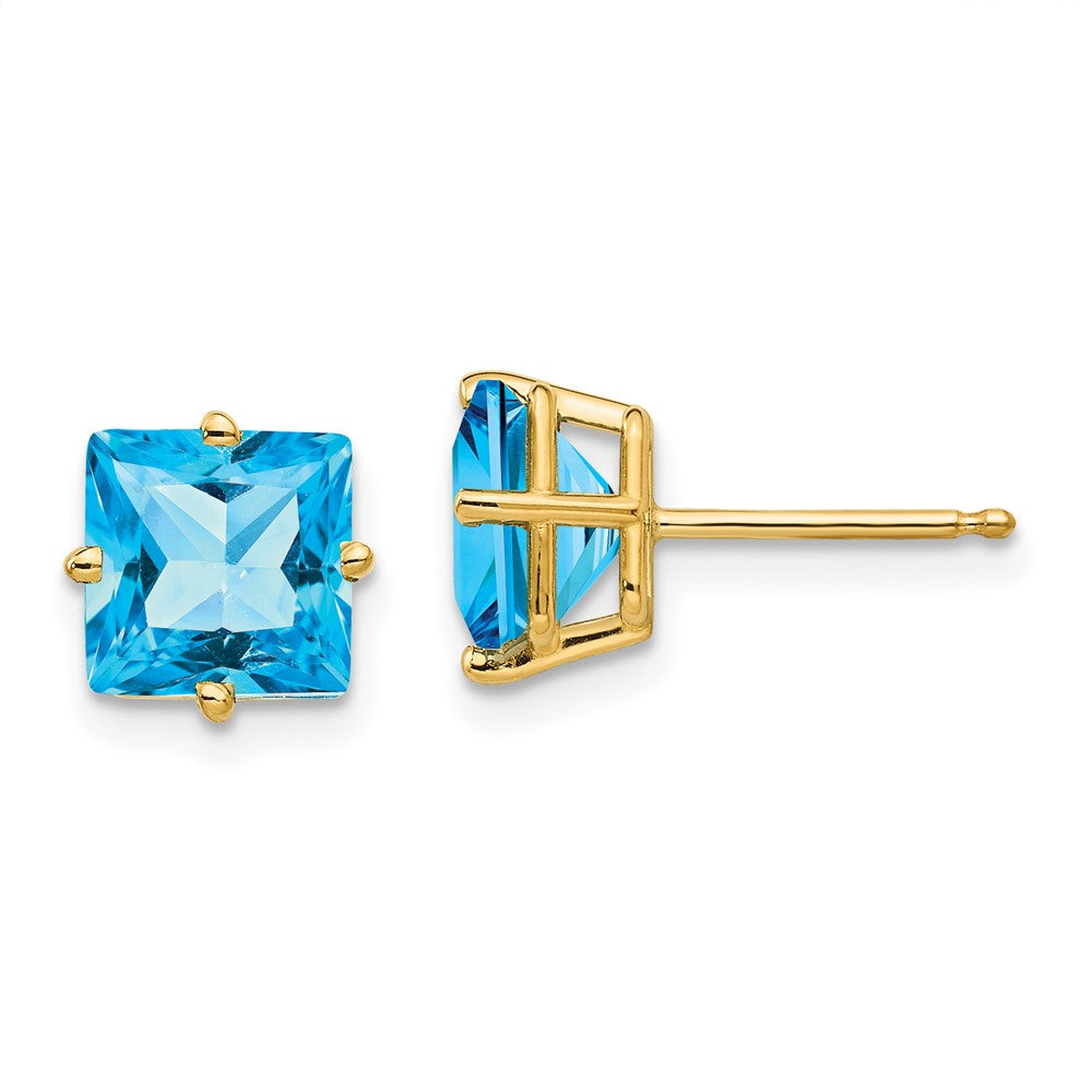 14K Yellow Gold 7mm Princess Cut Blue Topaz Stud Earrings