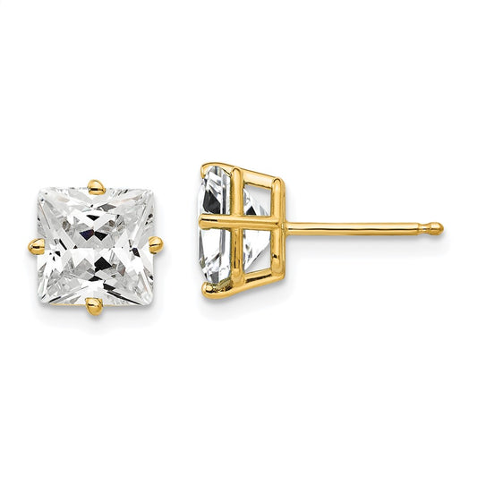 14K Yellow Gold 7mm Princess Cut Cubic Zirconia Stud Earrings