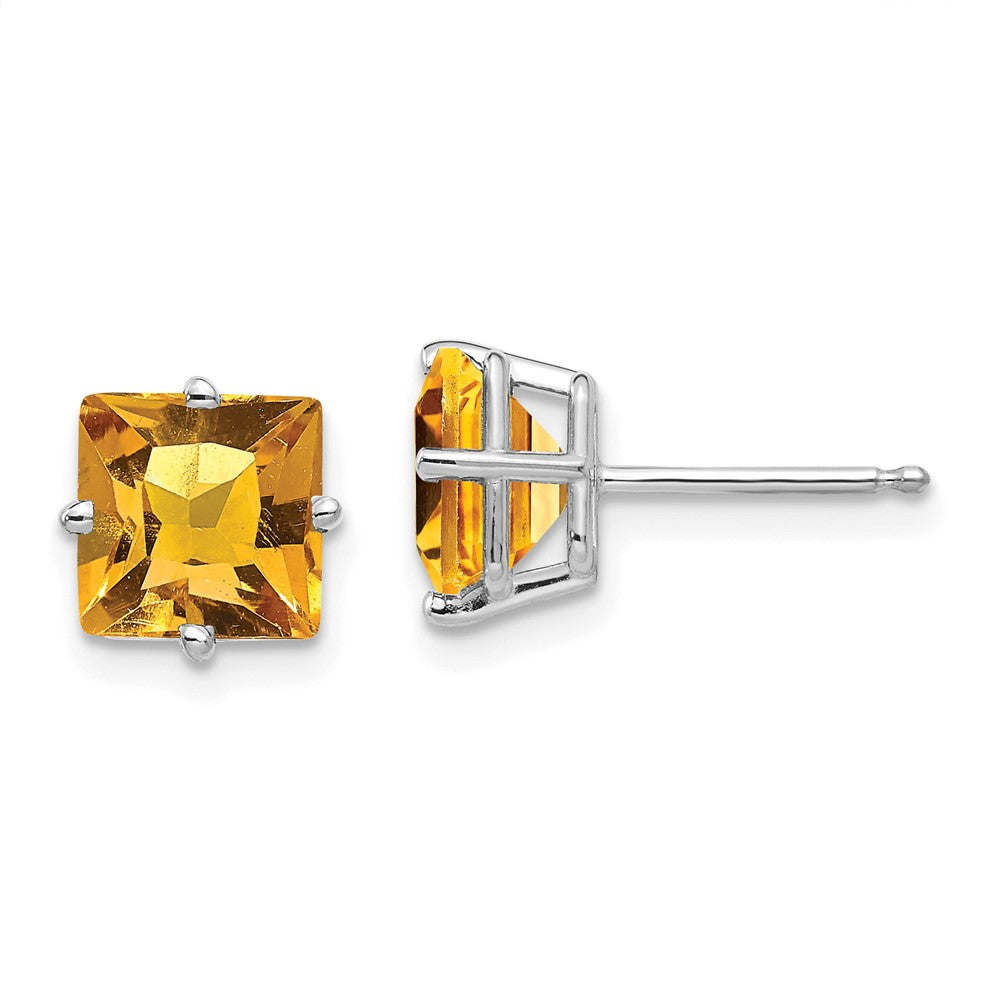 14K White Gold 7mm Princess Cut Citrine Stud Earrings