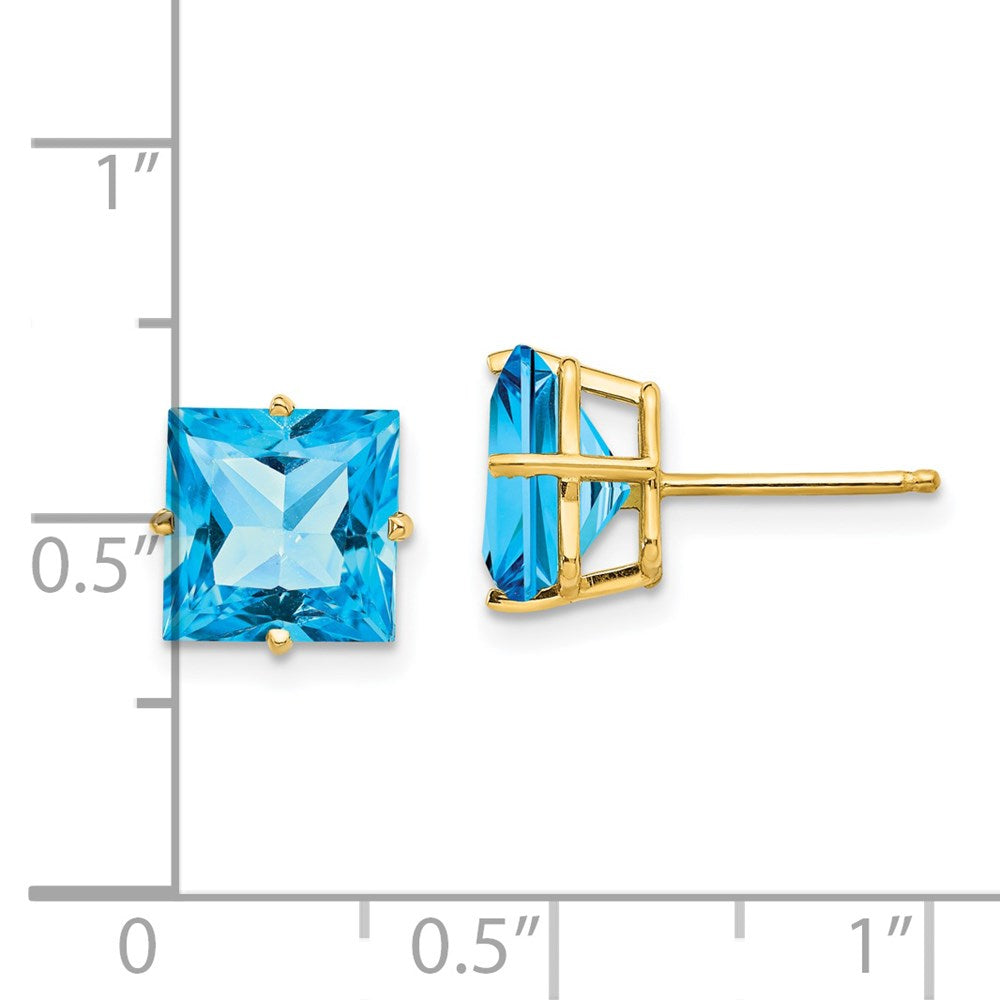 14K Yellow Gold 8mm Square Step Cut Blue Topaz Stud Earrings