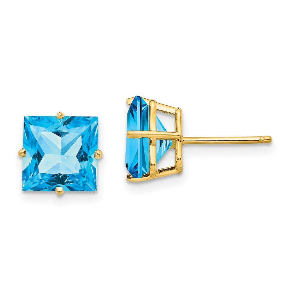 14K Yellow Gold 8mm Square Step Cut Blue Topaz Stud Earrings