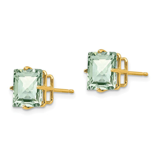 14K Yellow Gold 8mm Square Checker-cut Green Quartz Earrings