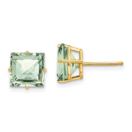 14K Yellow Gold 8mm Square Checker-cut Green Quartz Earrings