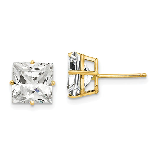 14K Yellow Gold 8mm Princess Cut Cubic Zirconia Stud Earrings